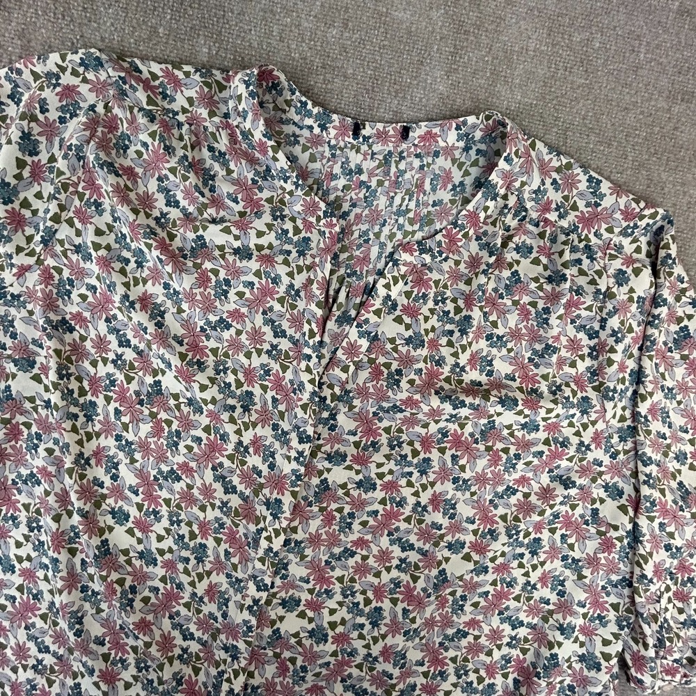 NYDJ Blouse Top Womens 3X White Multi Floral Pleated Puff‎ Sleeve Button Front